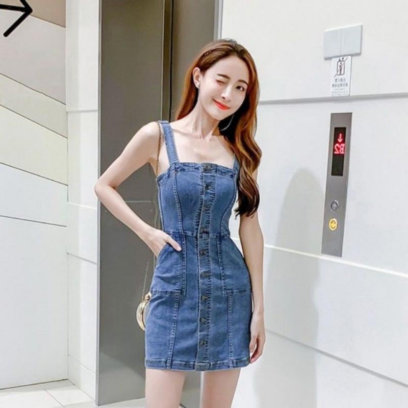 [MURIOKI] Đầm Denim Hai Dây Dáng Chữ A Phong Cách Hàn Quốc Thời Trang 2022 Cho Nữ