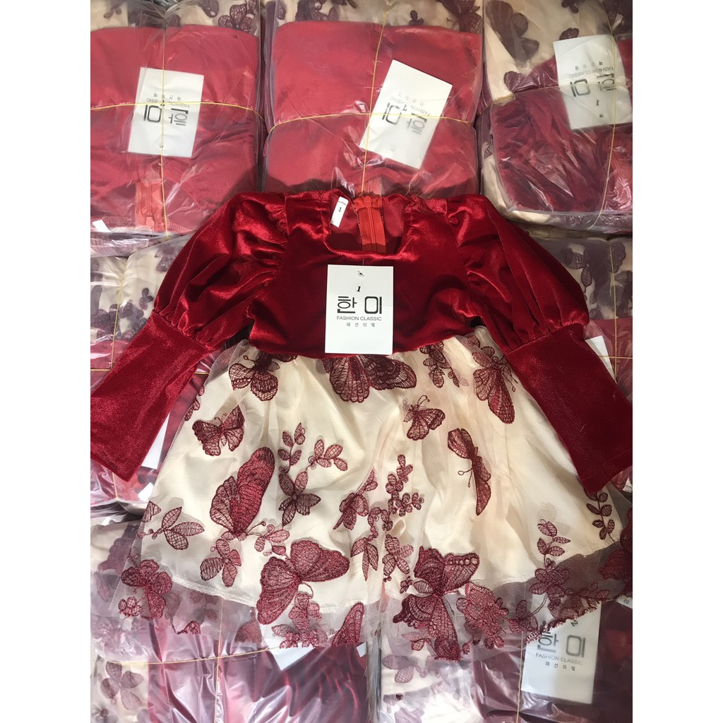 [HOT] Váy Công Chúa Nhung Đỏ Họa Tiết Thêu Bướm Diện Giáng Sinh Noel Cho Bé Gái 8-20kg