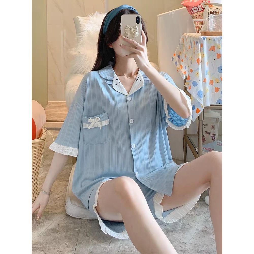 [MS 85] Bộ ngủ nữ đùi cổ vest phối hoạ tiết thỏ màu trơn đơn giản