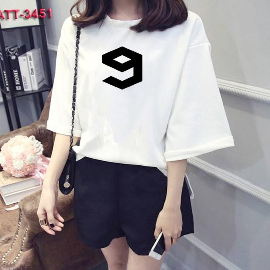 Áo thun nữ tay lỡ Hàn Quốc form rộng in hình số 9 vài dày mịn TEEWOTL44