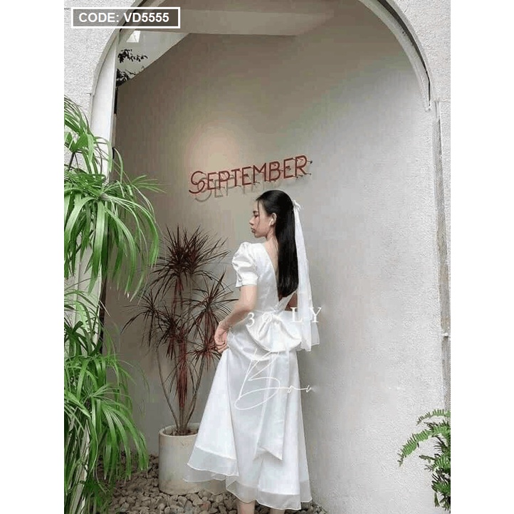 [HCM – hàng cao cấp] Mẫu đầm nữ đẹp maxi màu trắng cổ vuông nơ lưng tay bồng. | BigBuy360 - bigbuy360.vn