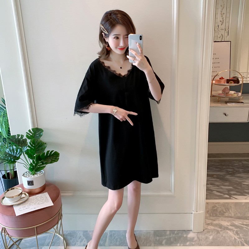 ✔❏✖mùa hè 2021 phiên bản Hàn Quốc của cotton tinh khiết ngắn tay ren cổ V Chân váy học sinh rộng giữa màu đen đơn