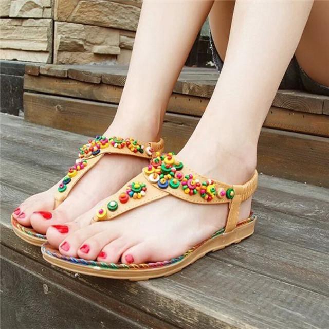 Sandal xỏ ngón đi biển đính hạt nhiều màu phong cách Bohemian cho nữ