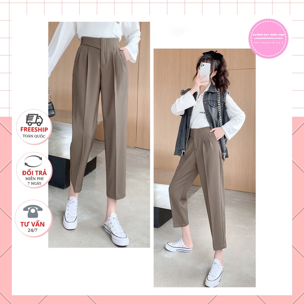 Quần baggy cạp vạt lệch chéo xéo lạ liền lưng cao 2 khuy cài bên màu Đen cá tính - Vải Vitex dày mặc đi làm công sở học