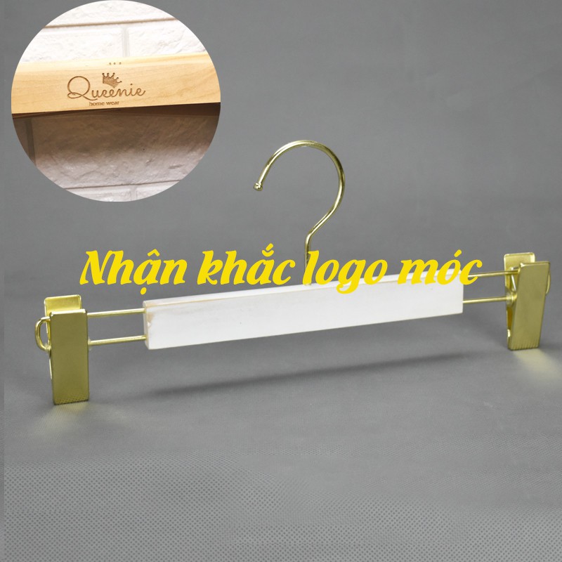 Móc Kẹp Gỗ Trắng Treo Quần Áo Đầu Kẹp Vàng 32cm (10móc)