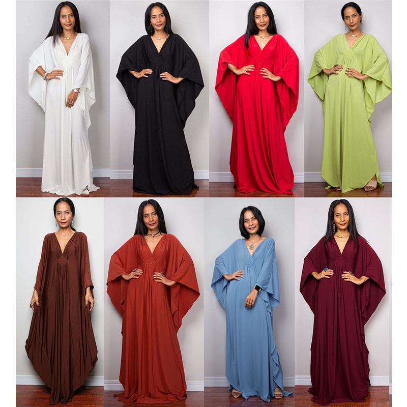 Đầm Maxi Tay Cánh Dơi Cổ Chữ V Form Rộng Màu Trơn Dn0693