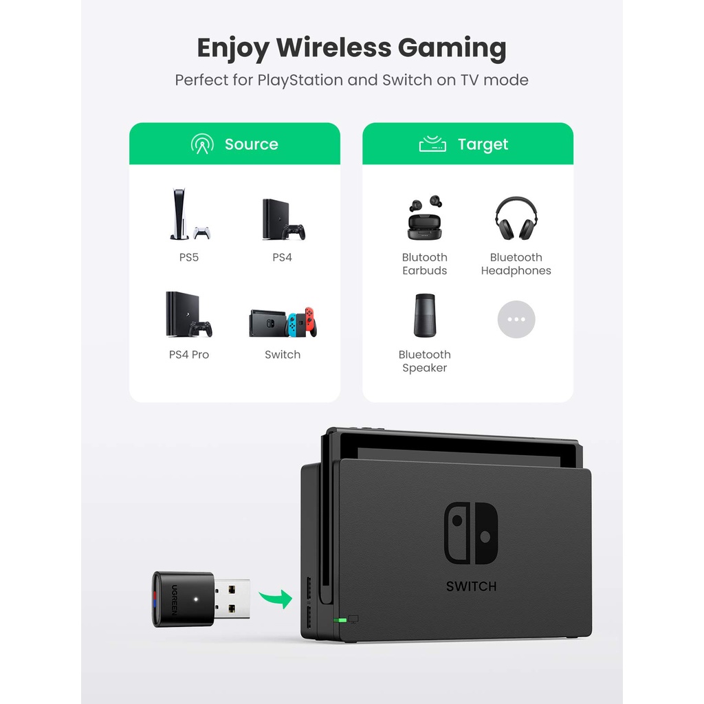 Bộ chuyển đổi không dây USB Bluetooth 5.0 màu đen cho nintendo switch và playstation AUX Jack Audio UGREEN CM408 10928