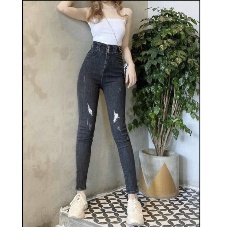 Quần jean nữ lưng siêu cao 3 nút, rách nhẹ,vải jean co dãn thoải mái thời trang thuydieushop96 jn1