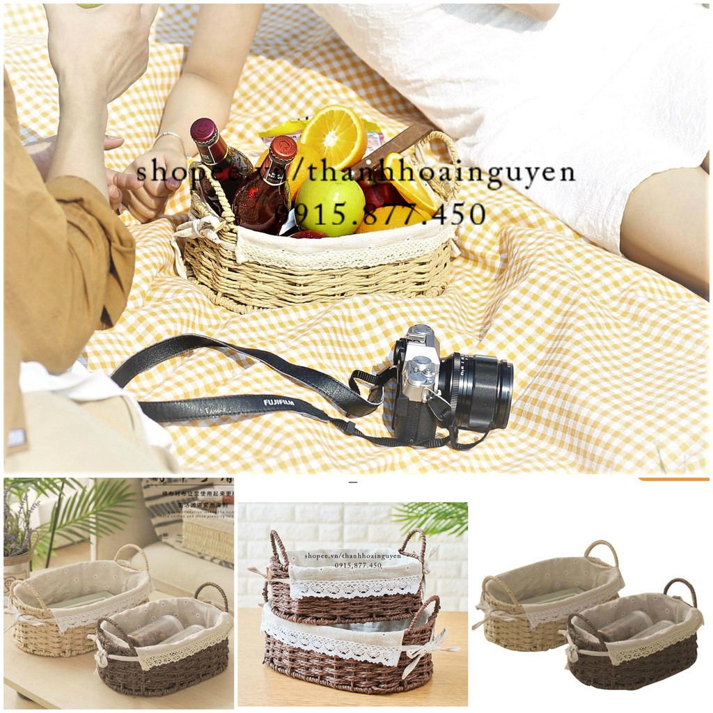 Giỏ mây có tay cầm lót vải ren hoa vintage ( Rổ đi picnic xinh xắn decor chụp ảnh ) | BigBuy360 - bigbuy360.vn