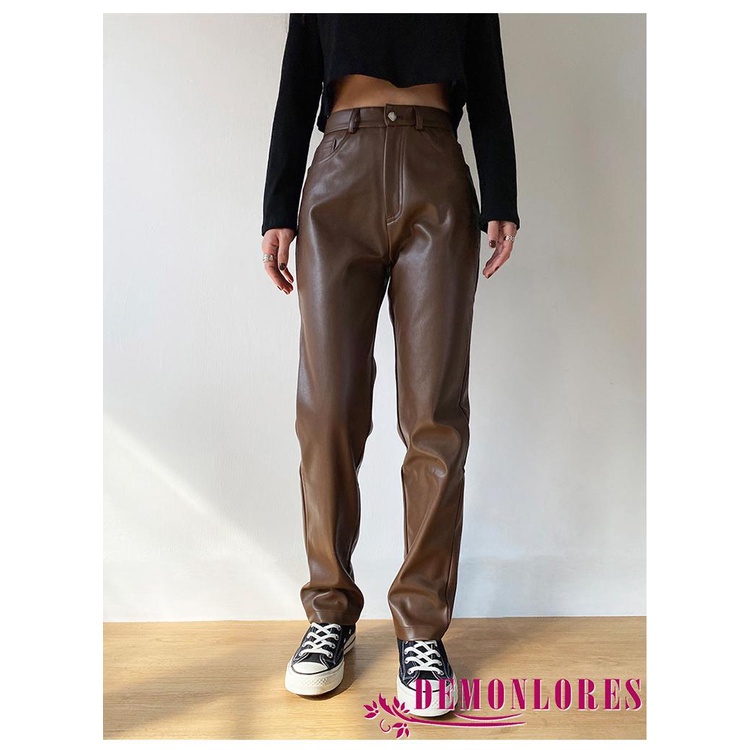 Quần da PU dài màu trơn thời trang cho nữ