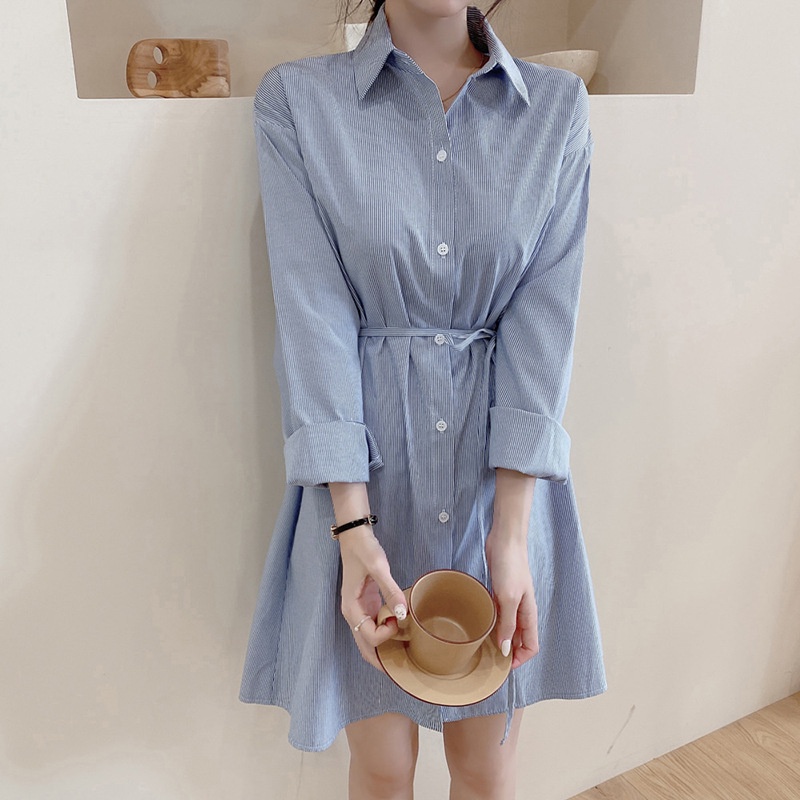 Đầm Sơ Mi Xanh Kẻ Sọc Dáng Dài Kèm Dây Thắt Lưng, Váy Thiết Kế Sơ Mi Kiểu Hàn Hot Trend Da26