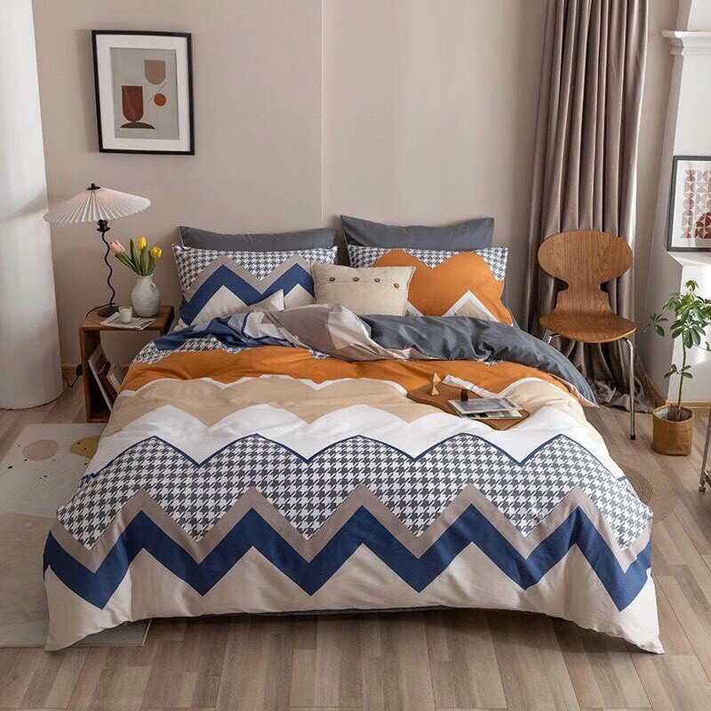 Bộ Chăn Ga Gối Cotton Living - 100% Cotton Hoạ Tiết Kẻ Đa Giác Mẫu Mới Hot Tren 2021