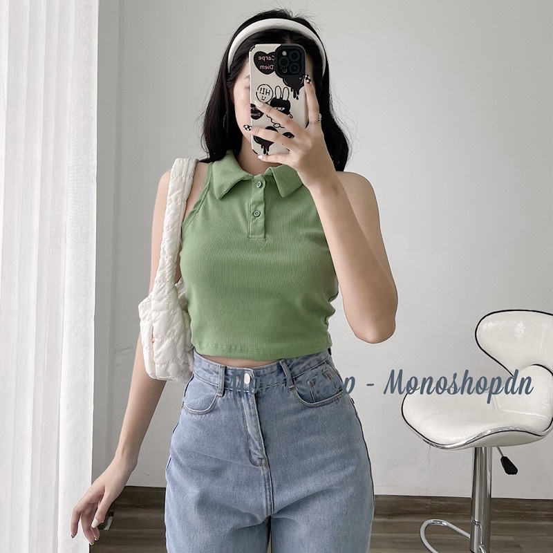 Áo croptop ba lỗ cổ polo nút cài sát nách dáng ôm Ảnh thật/ sẵn