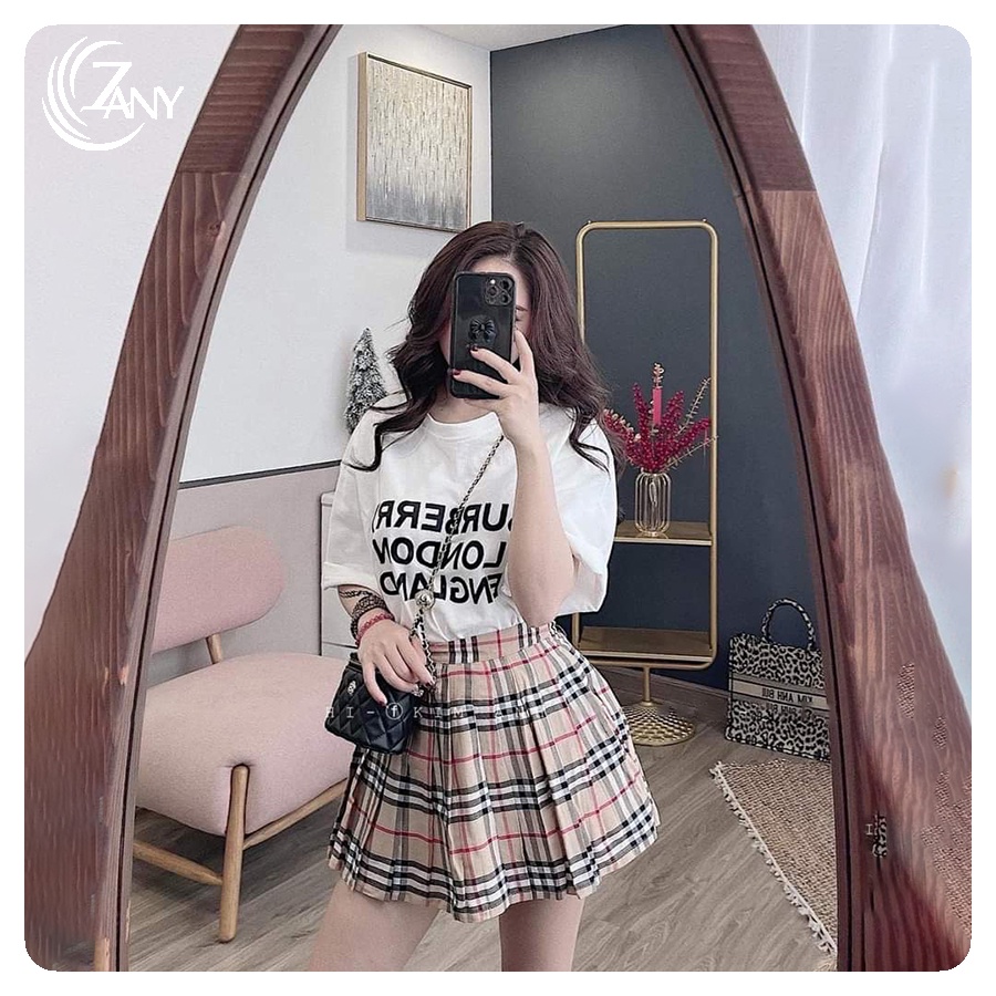 Set Áo Thun Kèm Chân Váy Xếp ZANY Chất Vải Kate Hoạ Tiết Sọc Caro Nữ Tính