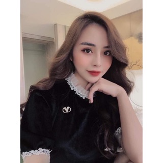 Áo Nhung Cộc Tay Viền Cổ Ren Bánh Bèo [Ảnh thật - video tự quay] - Ái Linh Store