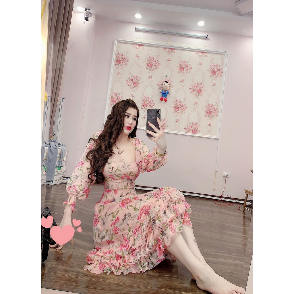 [HINOIS271] Đầm Maxi Tay Dài Cổ Vuông Dáng Dài, Có Bèo Ở Chân Váy, Kèm Lớp Lót Đầm, Chất Tơ Mát Mẻ, Thích Hợp Đi Biển | BigBuy360 - bigbuy360.vn