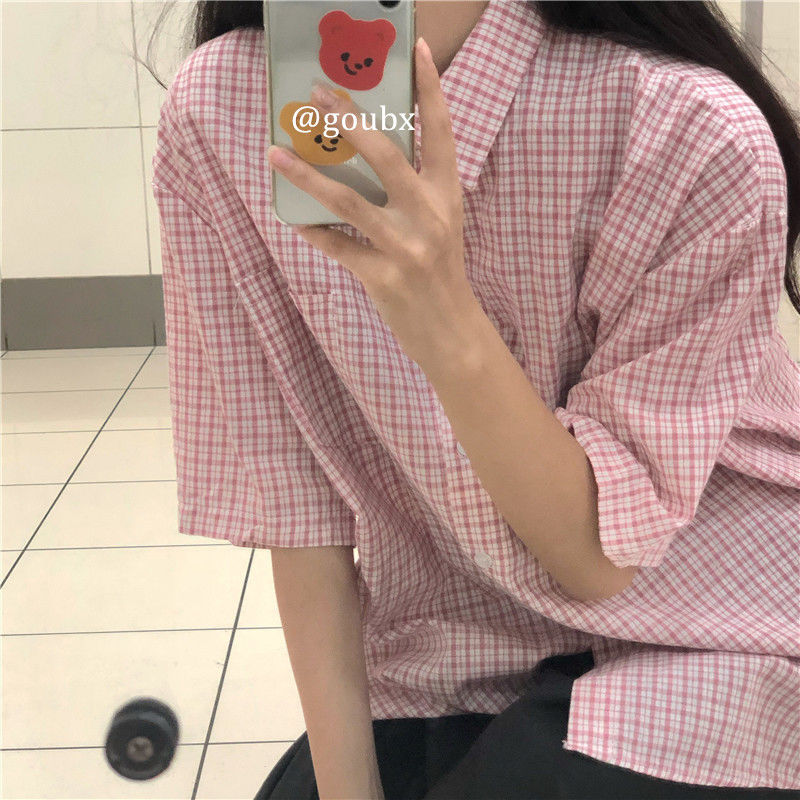 Áo Sơ Mi Ca Rô Ngắn Tay Phong Cách Retro Dành Cho Nữ