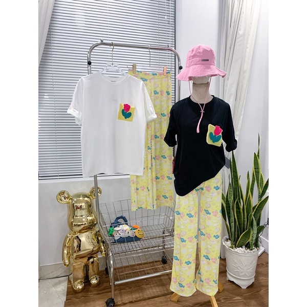 Set áo thun cotton phối túi len đủ màu quần suông gân ép xinh xắn E7