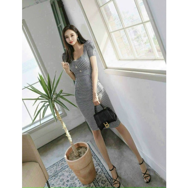 Đầm ôm công sở caro tay phồng thời trang Hàn Quốc Lh0917399527