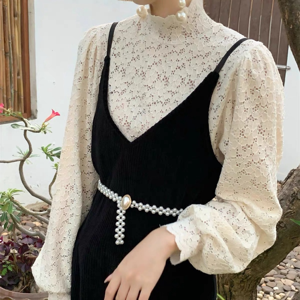 Thắt lưng nữ kết hạt trai bản 2cm co giãn, phong cách Vintage - 5 mặt khóa