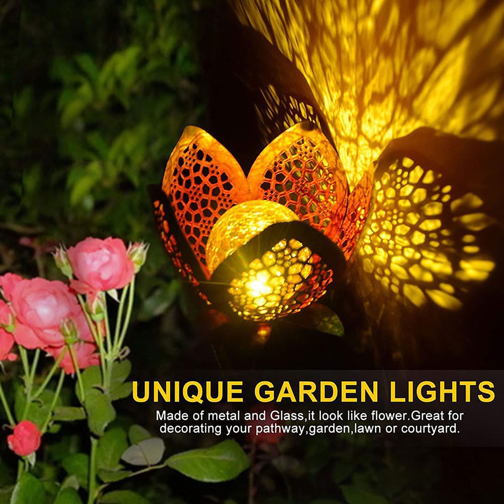 Outdoor Led Solar Lights Garden Flower Light Yard Pathway Decorative waterproof Retro Metal Hollow Landscape Stake Lamp