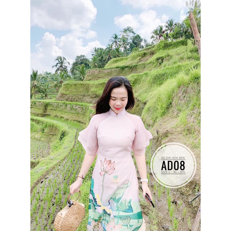 Áo dài Tết bigsize hoa sen lụa satin cao cấp size 55-90kg