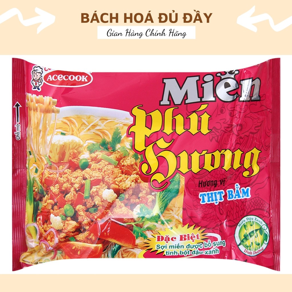Gói Miến Phú Hương sườn và thịt bằm, gói Bún giò heo Hằng Nga, gói Hủ tiếu Nam Vang, gói Phở bò Hà Nội Cung Đình gói