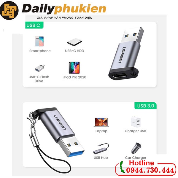 Đầu chuyển đổi USB 3.0 sang USB Type C Ugreen 50533 chính hãng dailyphukien
