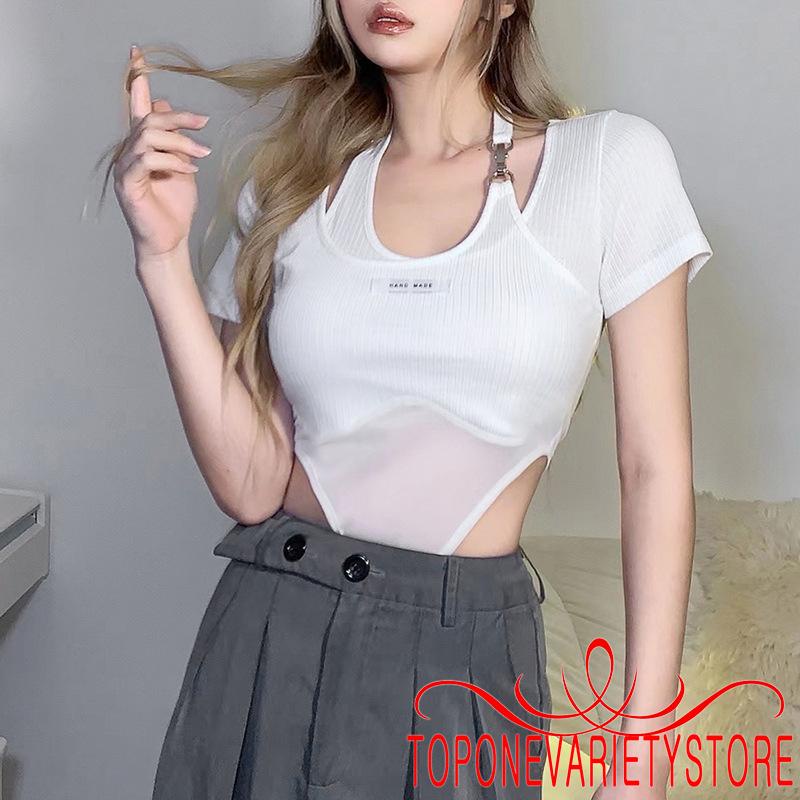 TOPQ-Women Short Sleeve Korean Style Bodysuit with Halter Buckle Letter Pattern Skinny Version Summer Clothing | BigBuy360 - bigbuy360.vn