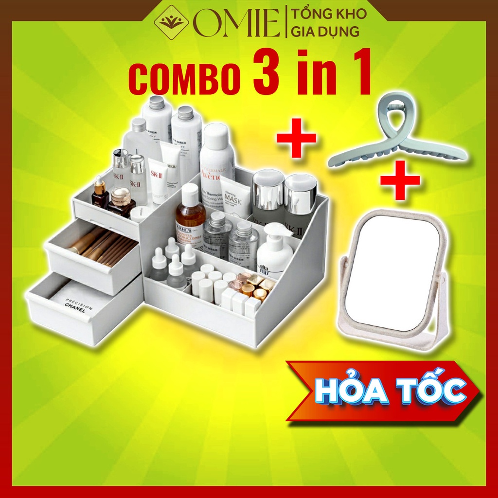 Combo set quà tặng kệ đựng mĩ phẩm để đồ trang điểm, gương trang điểm để bàn xoay 360 độ, kẹp càng cua Hàn Quốc