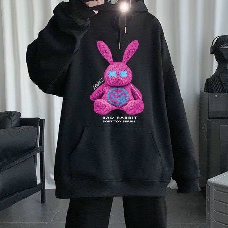 Áo nỉ hoodie gấu Rabbit in 5D unisex dài tay nam nữ cao cấp, áo phông nỉ bông sweater có mũ màu trắng, đen K082