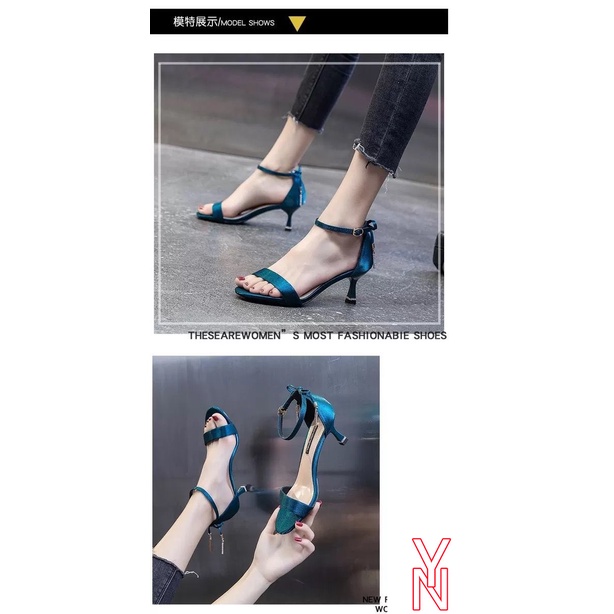 Giày Sandal Cao Gót Quai Ngang Màu Xanh Dương Thời Trang Mùa Hè Mới 2021