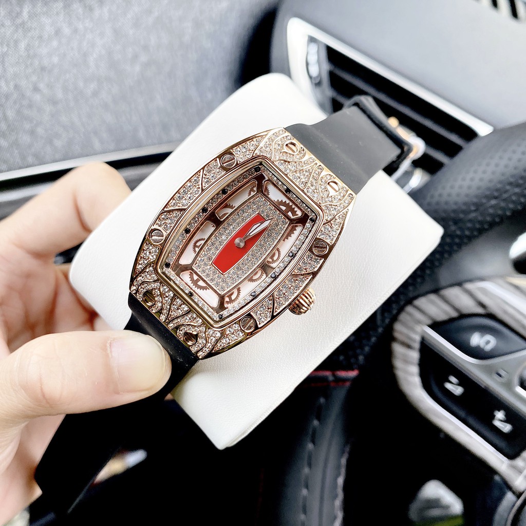 Đồng Hồ Nữ Davena Dây Silicon Đen Mặt Hoa Văn Đính Đá Rose Gold D31995 36mm Authentic