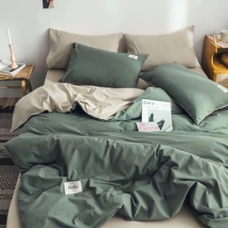 Bộ Chăn Ga Gối Cotton TiCi Rêu Phối Be