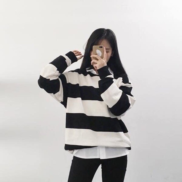 Áo kẻ unisex ĐEN TRẮNG TO (kèm ảnh thật )