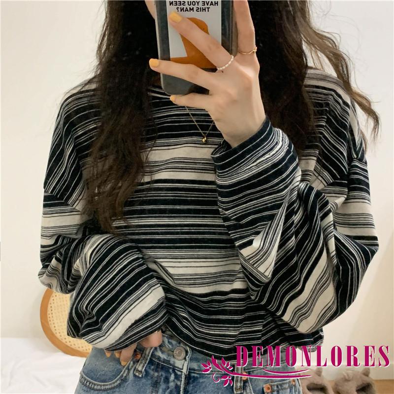 Áo thun tay dài cổ tròn họa tiết kẻ sọc thời trang mùa thu cho nữ
