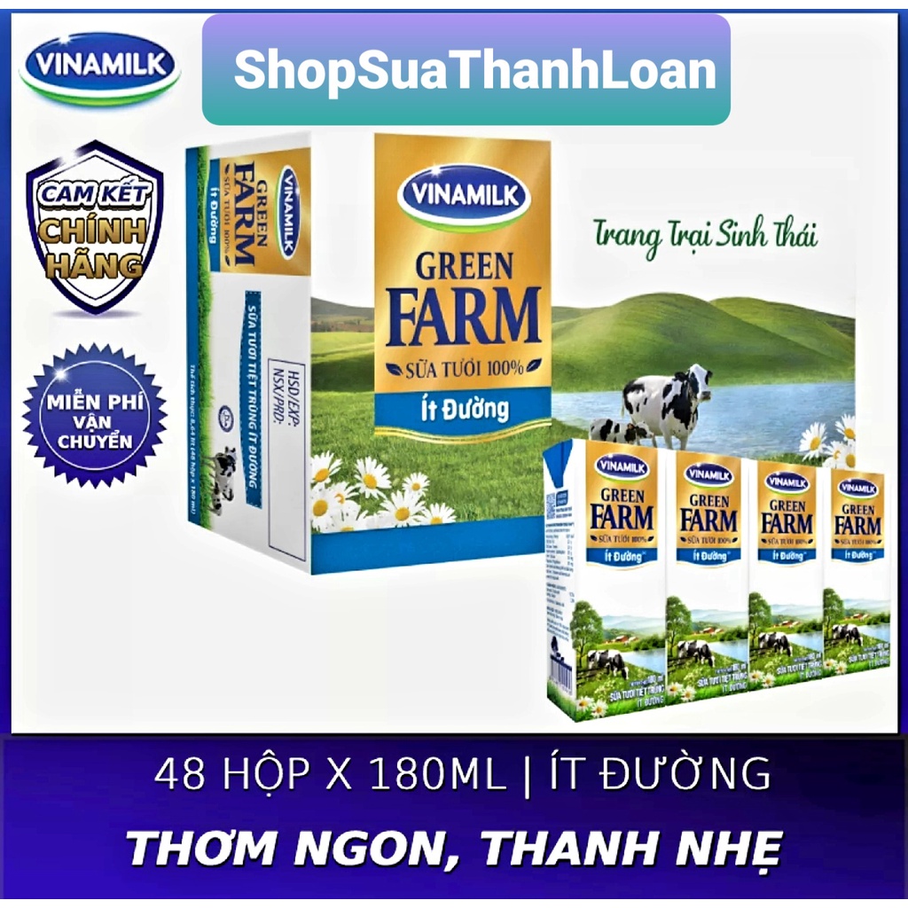 [HSD T12-2021] THÙNG 48 HỘP SỮA TƯƠI TIỆT TRÙNG VINAMILK GREEN FARM ÍT ĐƯỜNG 180ML