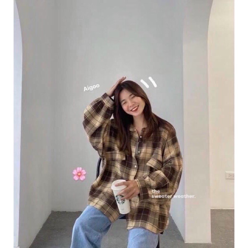 Áo Sơmi Nữ Kẻ Sọc Tay Bồng Korea