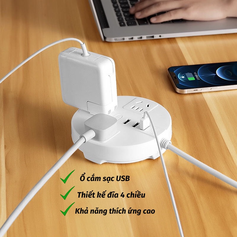Ổ Điện Ổ Cắm Điện Đa Năng 3 Cổng USB Sạc Nhanh Vật Liệu Chống Cháy Dây Nối Dài Đèn Led Akio