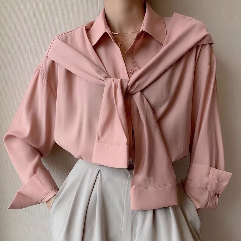 Áo sơ mi kiểu dài tay basic Buộc vai- Áo kiểu trơn cổ đức giả khăn choàng liền cách điệu về đủ màu hồng, trắng, be, xanh