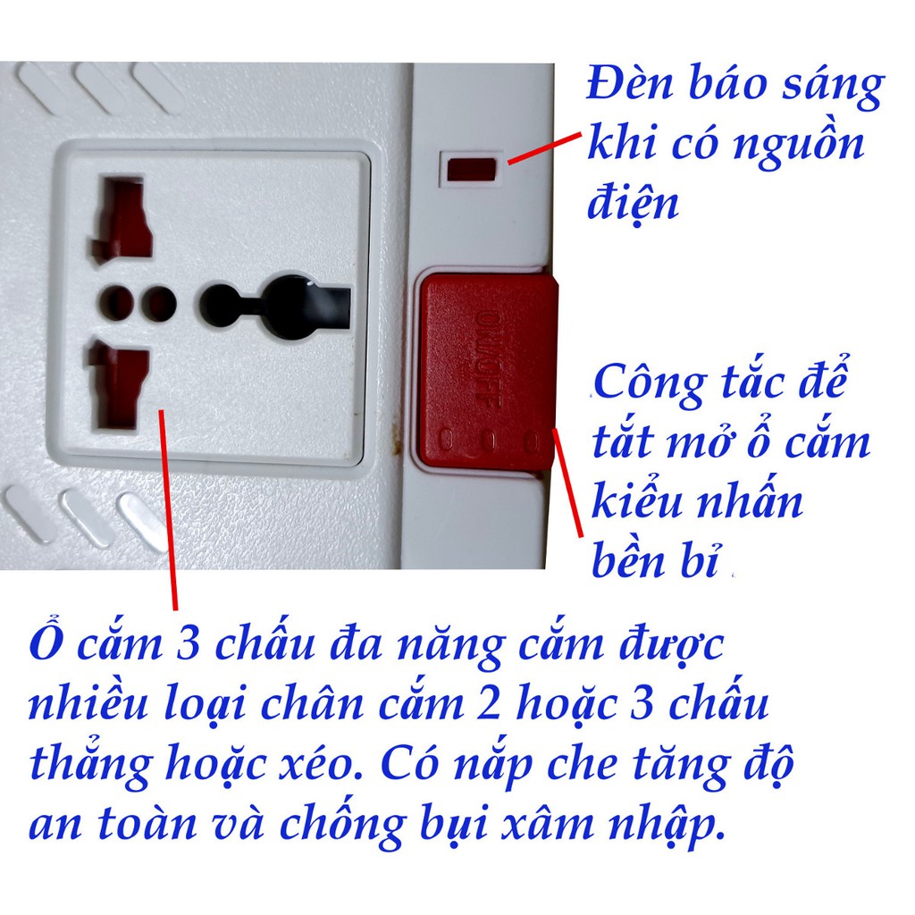 Ổ cắm điện quang 5 lổ 5 công tắc dây 2 mét - công suất 2600 watt - mỗi ổ cắm có công tắc riêng