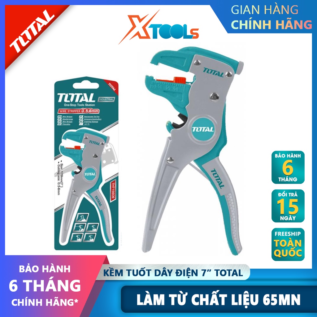 Kềm tuốt dây điện mỏ quạ TOTAL THT15606 Kìm tuốt dây Đường kính đầu tuốt 0.5mm~6mm Chất liệu 65Mn Kích thước 175*85mm bó