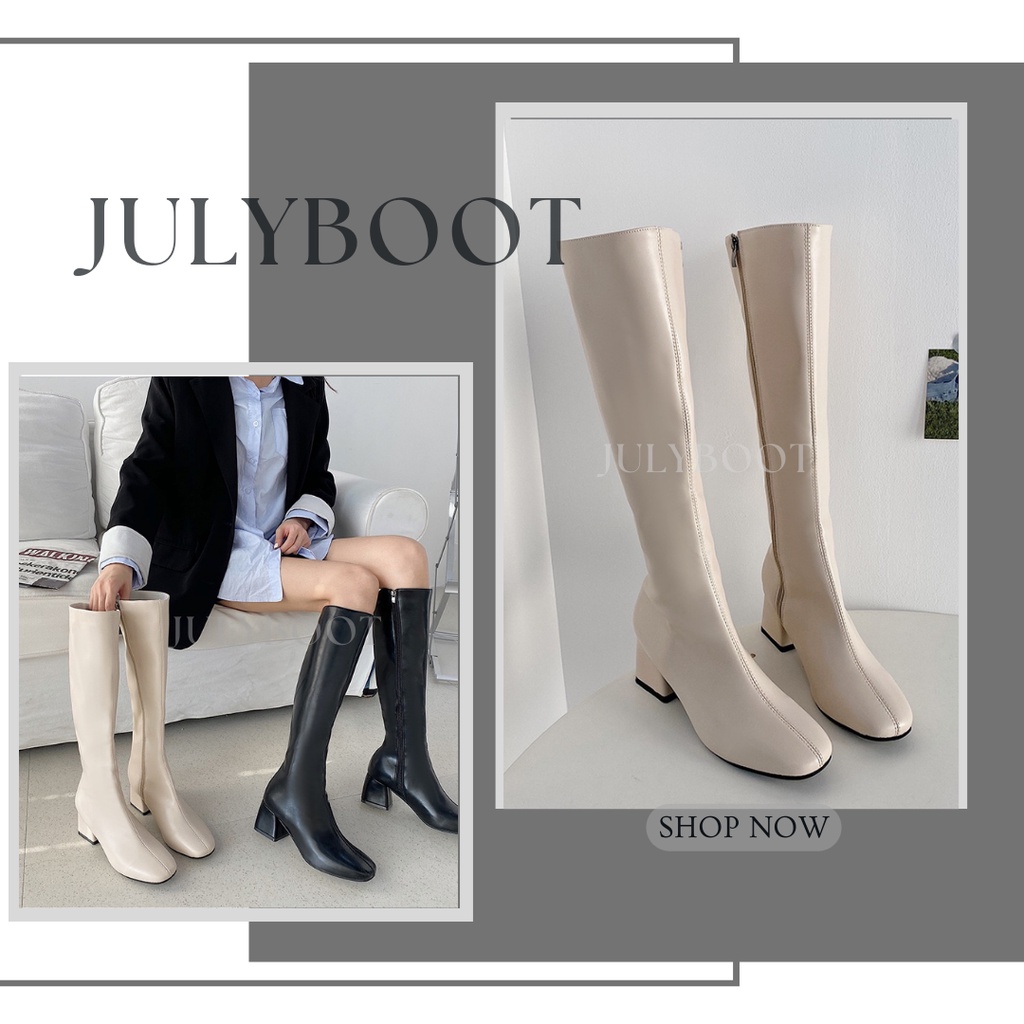 (SẴN) Boots Lửng Ulzzang Da Cổ Cao Dưới Gối Có Khoá Kéo Gót Vuông 6 Phân Da Dày Mịn Đẹp