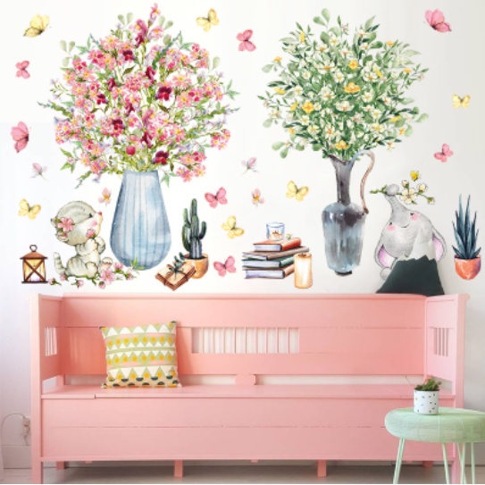 Decal trang trí tường - Bình hoa nở rộ cùng đàn bướm xinh