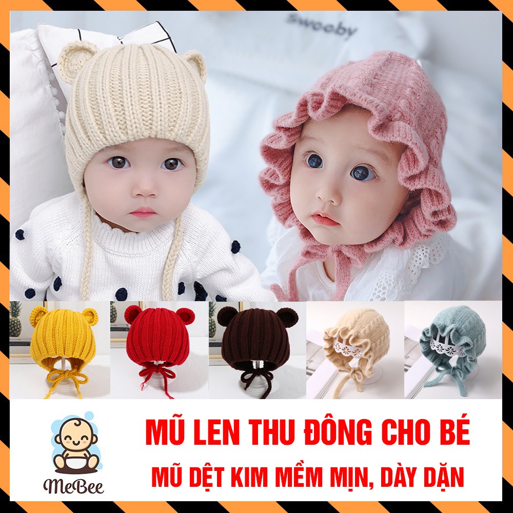 Mũ len dệt kim thu đông (có dây buộc), giữ ấm cho bé từ 4 tháng- 3 tuổi