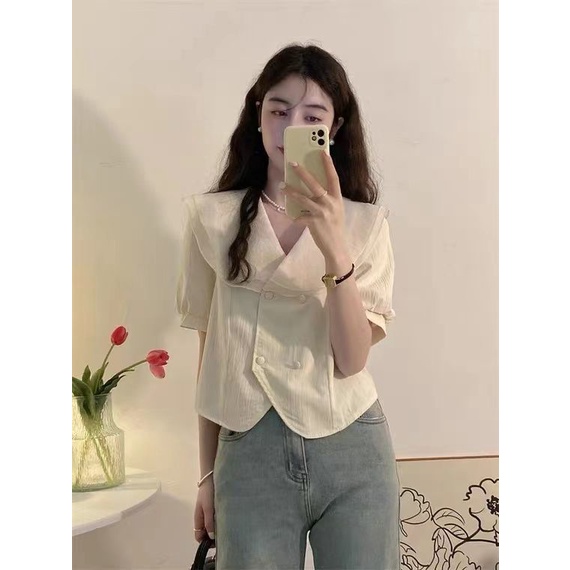 Áo Sơ Mi Ngắn Tay Phối Nơ Xinh Xắn Theo Phong Cách Pháp