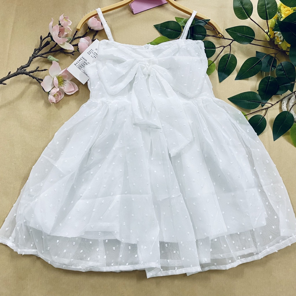 Đầm công chúa hai dây đính nơ kiểu Hàn Quốc xinh xắn dành cho bé gái size 7-17kg ( Ảnh shop tự chụp)