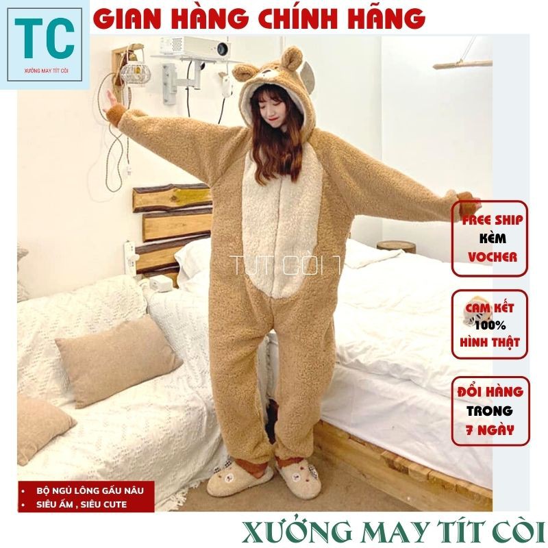 Bộ lông gấu màu nâu, bộ gấu liền thân thêu hình đẹp cho nữ siêu ấm, đồ ngủ mùa đông lông cừu giữ nhiệt tốt - Tjt Còi 1