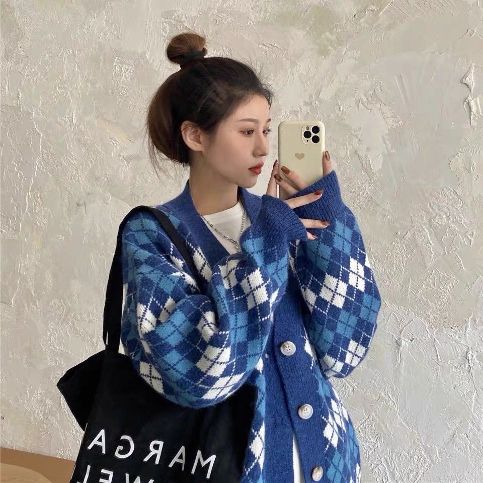 Áo khoác len cadigan caro kim cương nhỏ cá tính dáng xuông Forgirl