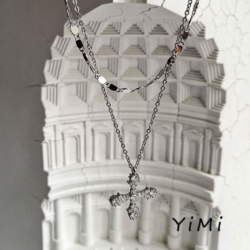 Vòng cổ Hai Lớp Mặt Chữ Thập Đính Đá Zircon Thời Trang